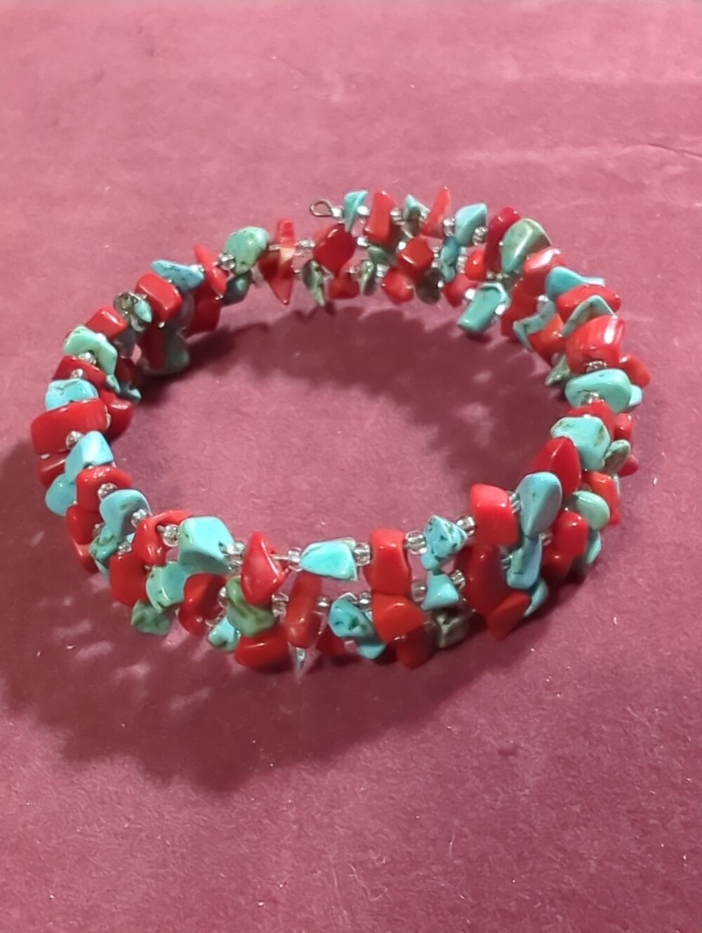 South-Western Bracelet with Turquoise, Red Coral Glass Beads on Memory Wire NWOT